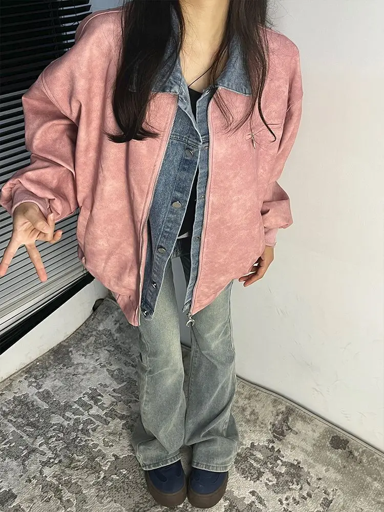 

Y2K Style Faux Layered Jacket Women Denim Leather Mixed Slim Fit Cropped Edgy Chic Spring Casual Youthful Outerwear Coat