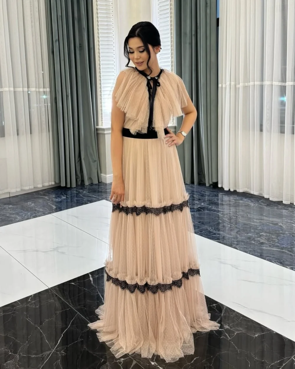 Customized Fashion Exquisite Tulle Pleat Tulle Lace A-line High Collar Long Dresses Bespoke Occasion Dresses Sizes Available