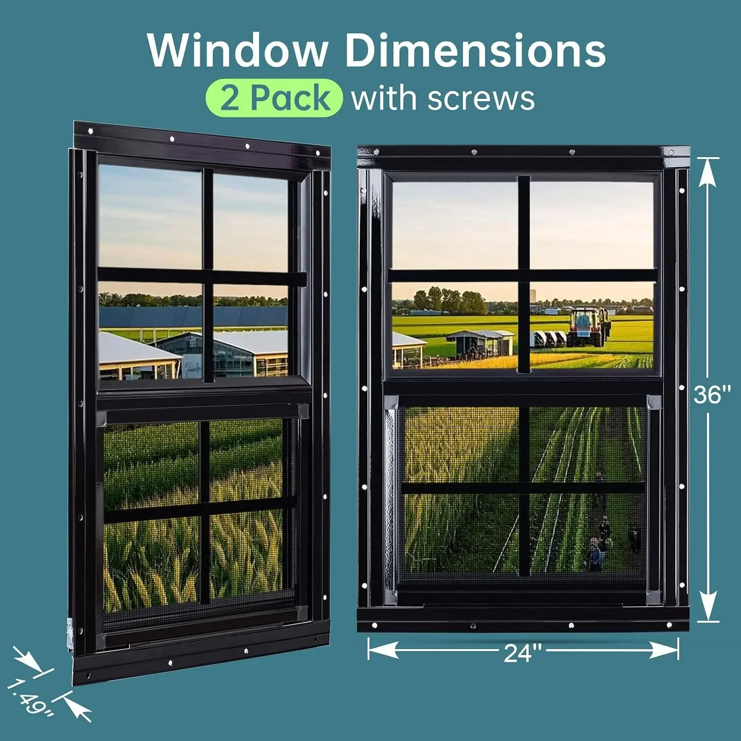 USA Stock2 Pack Shed Windows 24''x36'' Flush Mount Household Windows with Tempered Glass and Screen, Sliding Windows for Chicken