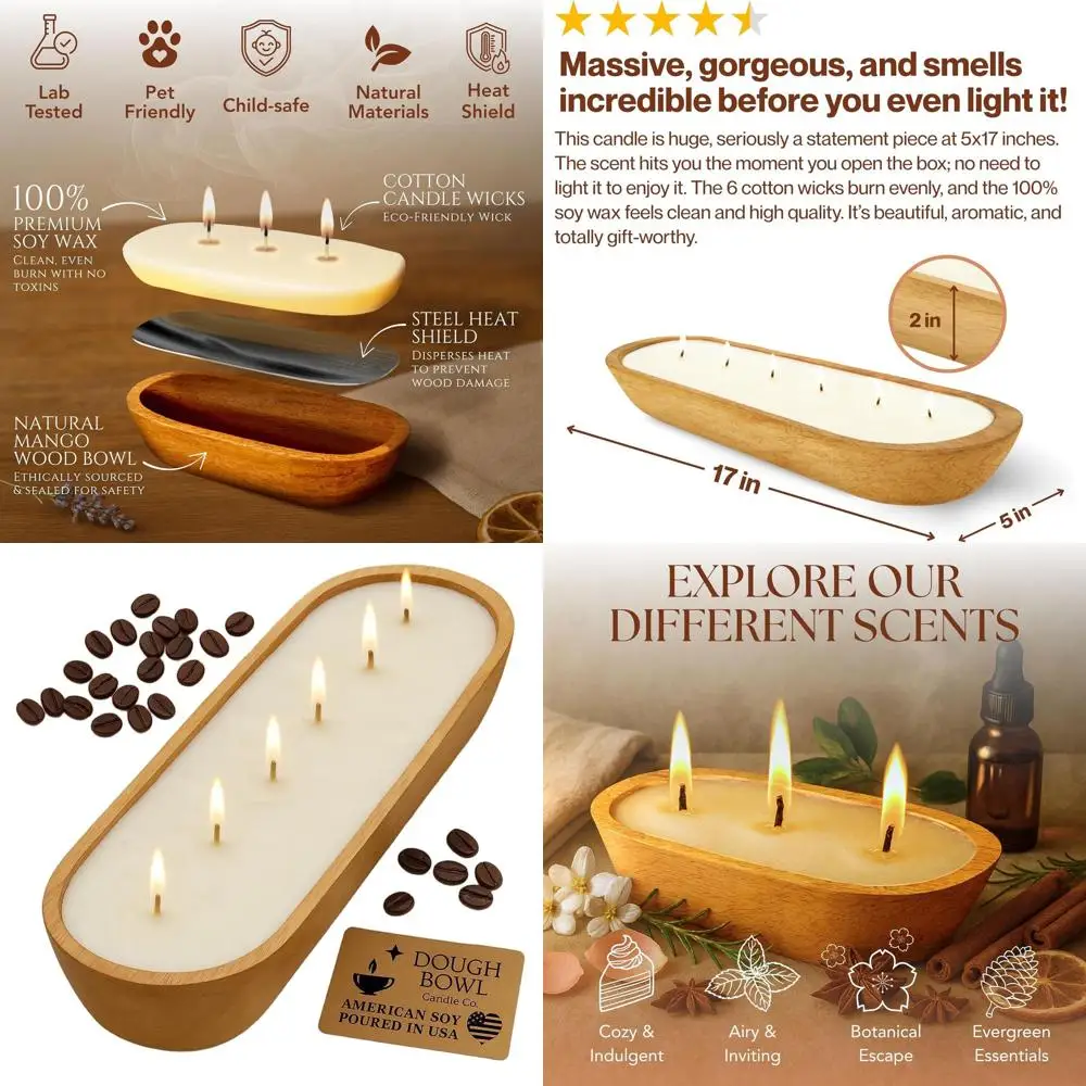 شمعة فانيليا لاتيه الصويا - 6 فتائل، وعاء خشبي 32 أونصة، ديكور ريفي، مزيل الرائحة، هدية طبيعية بالكامل #1