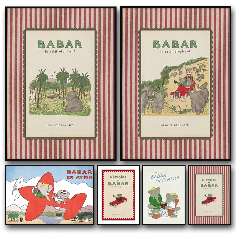 1 Stück rahmenlose Leinwandmalerei, Cartoon-Illustration, Babar der Elefant, Vintage-Poster und Drucke, Leinwanddruck, Wandkunst, Bild