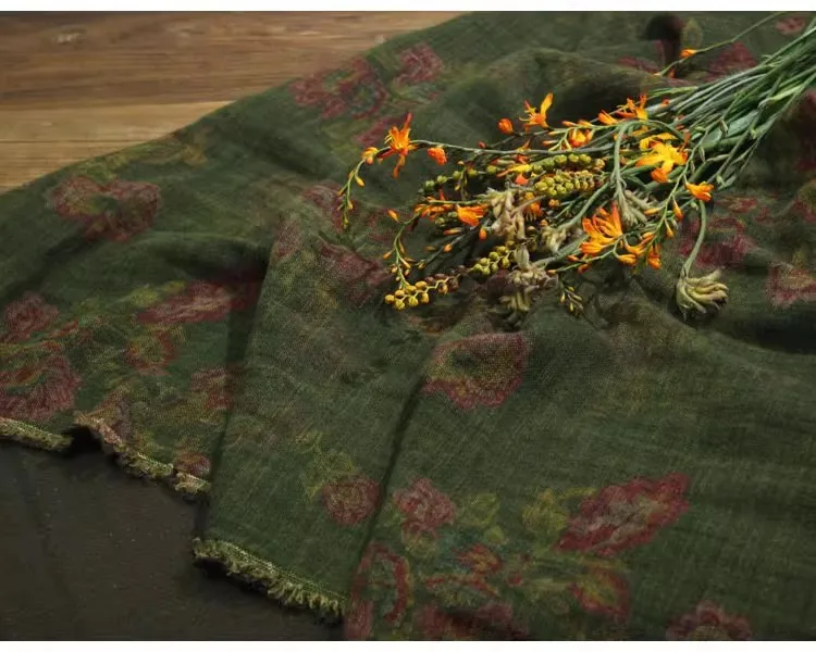 

1yard Retro flower style printing tela Double layer thick linen cotton fabric for dress Designer cheongsam clothing fabric