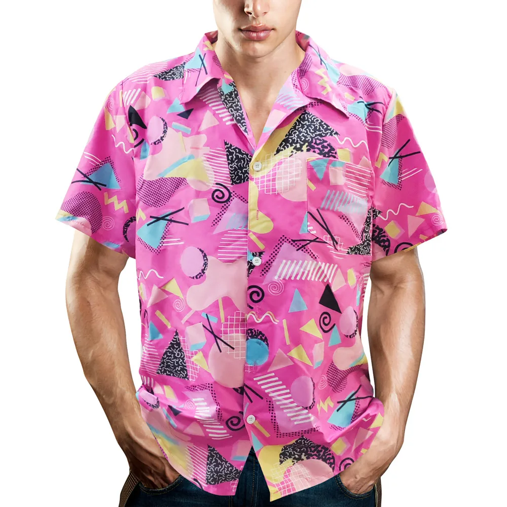 Vintage Button Up Camisas para Homens, Camisas de Praia Havaianas, 80s e 90s Disco Theme Party Shirt