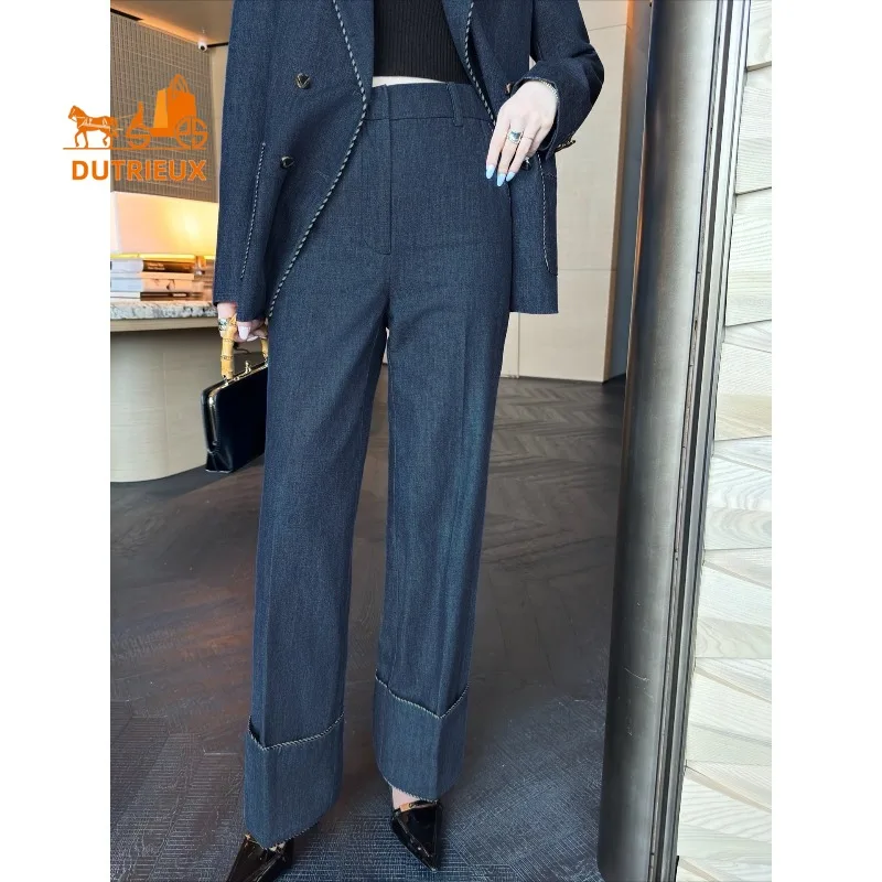 Autumn Double-breasted Suit Jacket and Wide-leg Pants with Wide-rimmed Ribbon Piping, 100% Cotton Leisure Fashion Suit Women