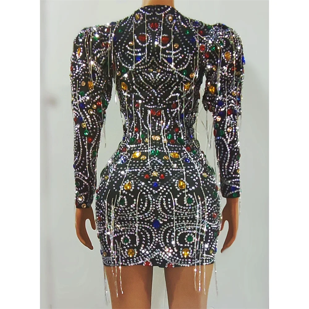 سباركلي الراين سلاسل شرابة فستان فاخر عيد ميلاد حفلة موسيقية مساء احتفال حفلة فستان قصير المغني المضيف المرحلة زي