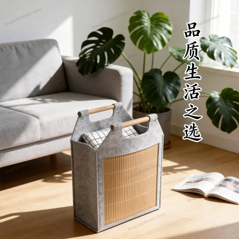 For portable felt woven firewood bag storage basket, simple wooden handle sundries basket