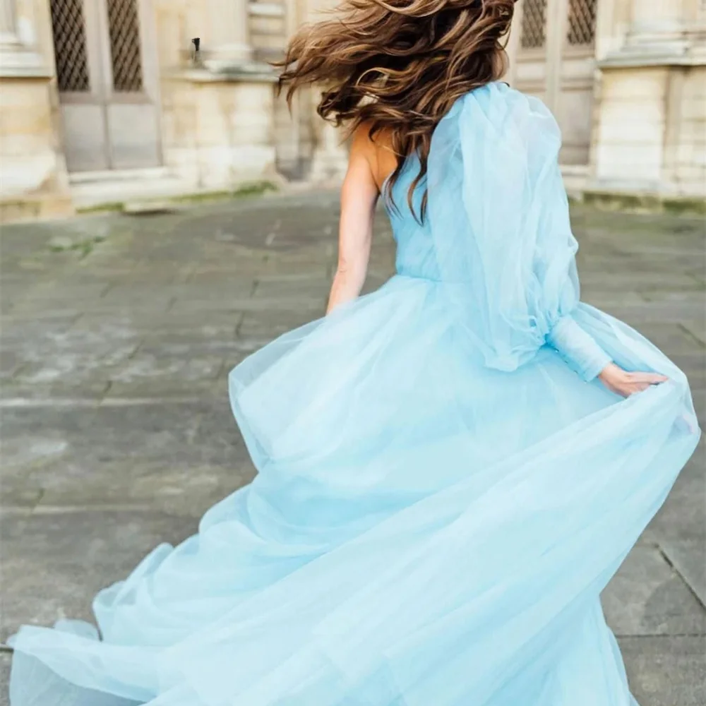 Vestido de noche de tul de un hombro para mujer, azul cielo, plisado, una línea, vestido Formal, vestidos de fiesta para graduación