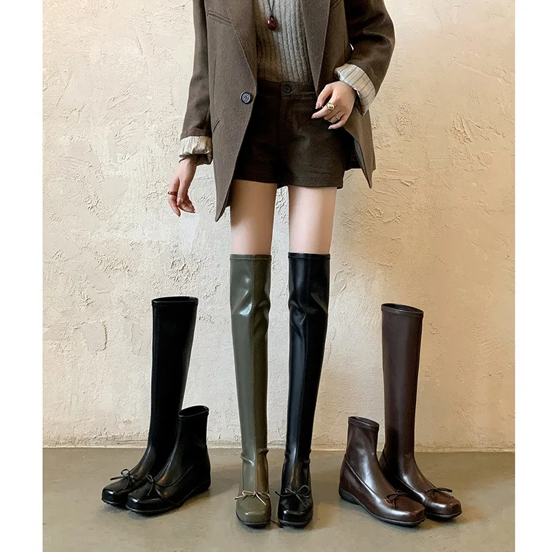MKKHOU Fashion Knee Over Boots Women's New High Quality Genuine Leather Boots Square Head Bow Middle Boots Short Boots Women