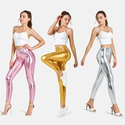 Leggings de cuero sintético para mujer, mallas deportivas de Color metálico, pantalones de fiesta de baile, plata, Sexy, brillante, Punk, Rock