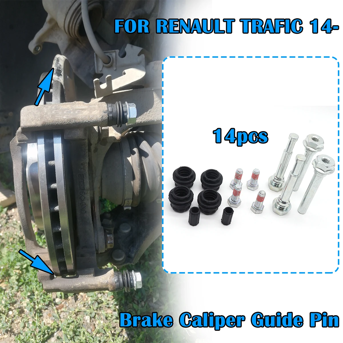 

14pc Brake Caliper Cylinder Slider Guide Pin FOR RENAULT TRAFIC 2014 2015 2016- For Disc Housing Bolts Bushing Boot Seal Kit