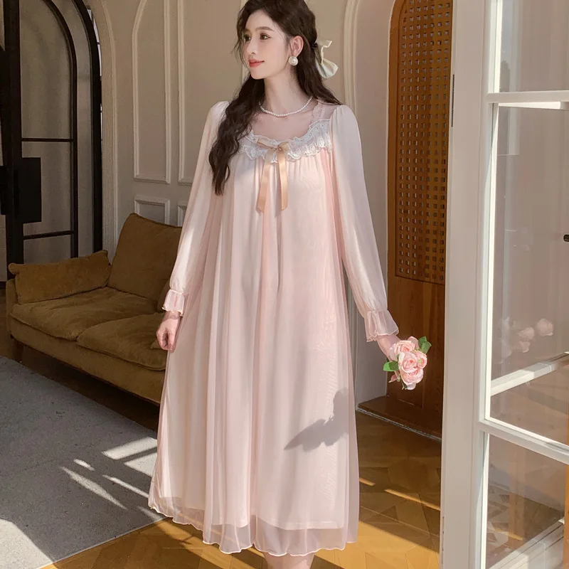 Sexy Lace Princess Nightdress Women Long Sleeve Nightgown Bathrobe Loungewear Rayon Home Clothes Summer Sleepwear Morning Gown