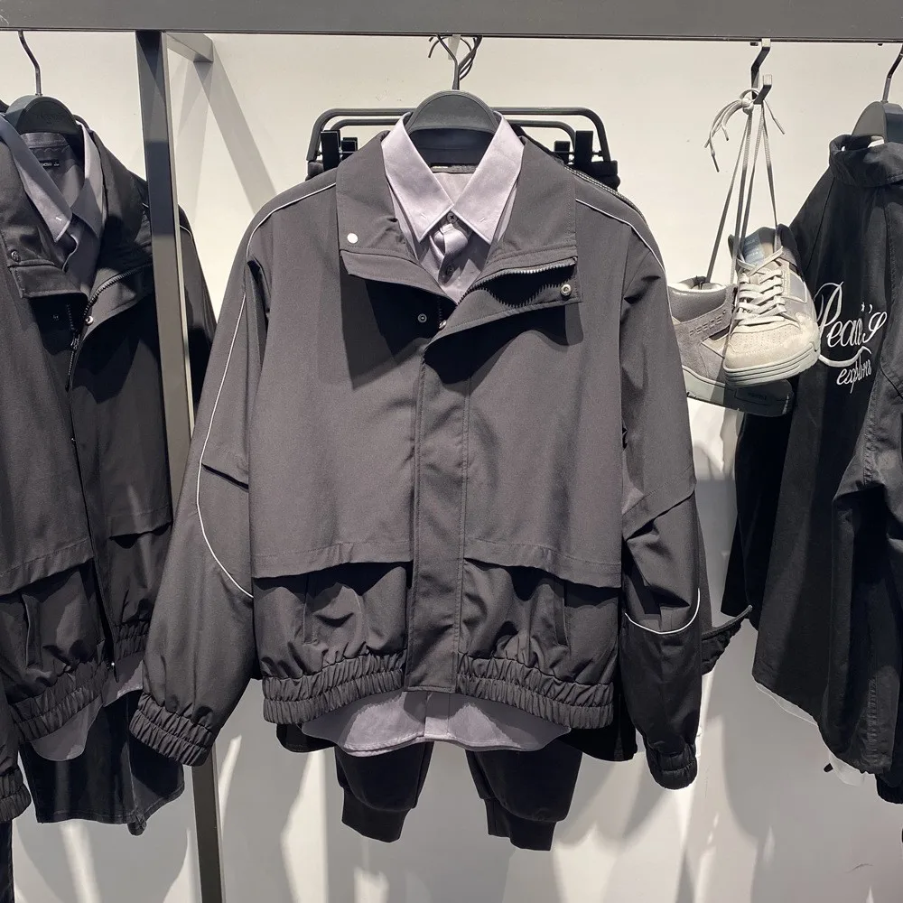 

Loose Fit Men's Casual Jaet Bla Workwear Stand Collar Outerwear Original Design Autumn New Sle Youth ular Long Sv...