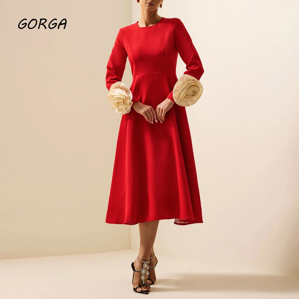 GORGA-vestido de fiesta rojo de crepé con cuello redondo, corte en A, ajustado, manga larga con flores, vestido para ocasión, vestido de noche Formal hasta el té, 2024