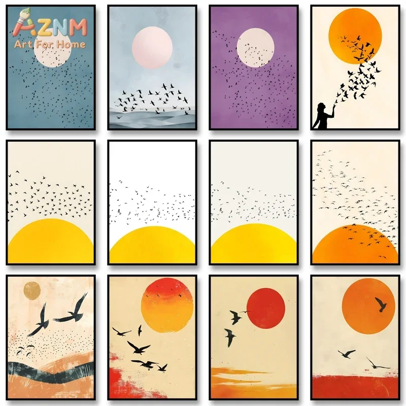 AZNM Minimalist Sun Bird Silhouette Canvas Poster Frameless Wall Art Abstract Boho Sunset Flying Birds Simple Color Block Print