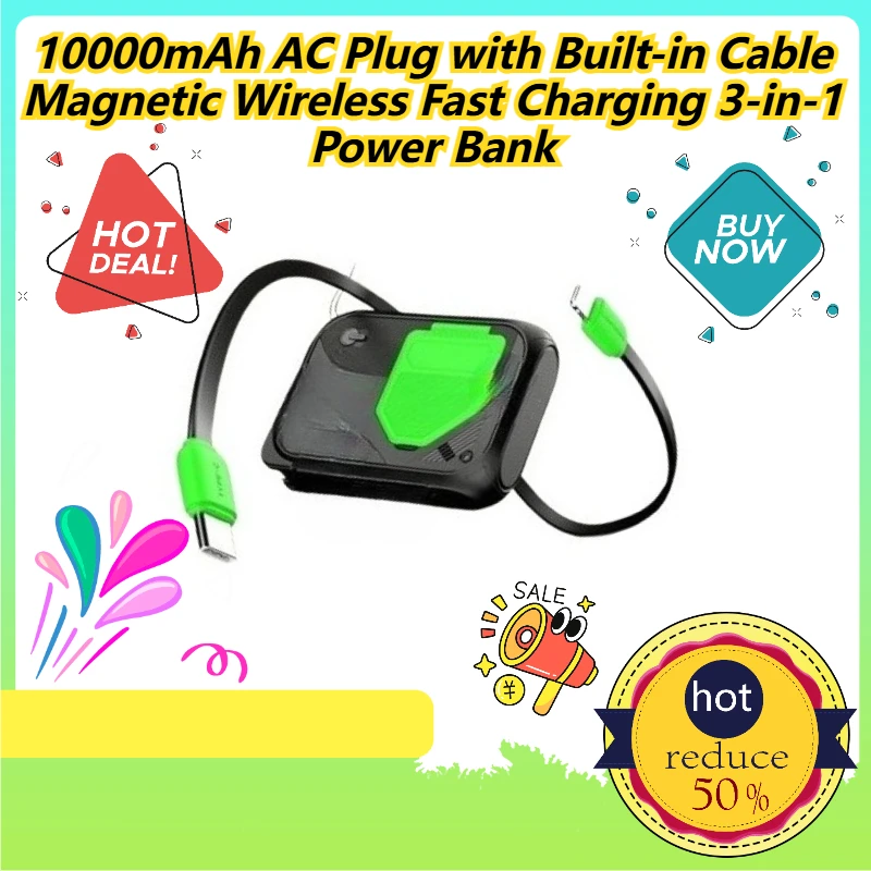 

10000mAh AC Plug with Built-in Cable Magnetic Wireless Fast Charging 3-in-1 Power Bank
