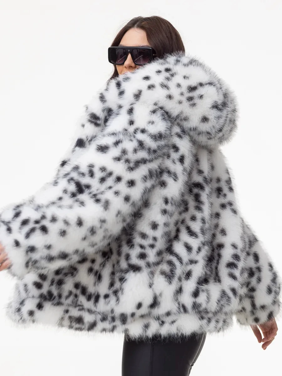 Women Winter Faux Fur Coat Hooded Fluffy Snow Leopard Print 2026 New Warm Trendy Y2K Streetwear Outerwear