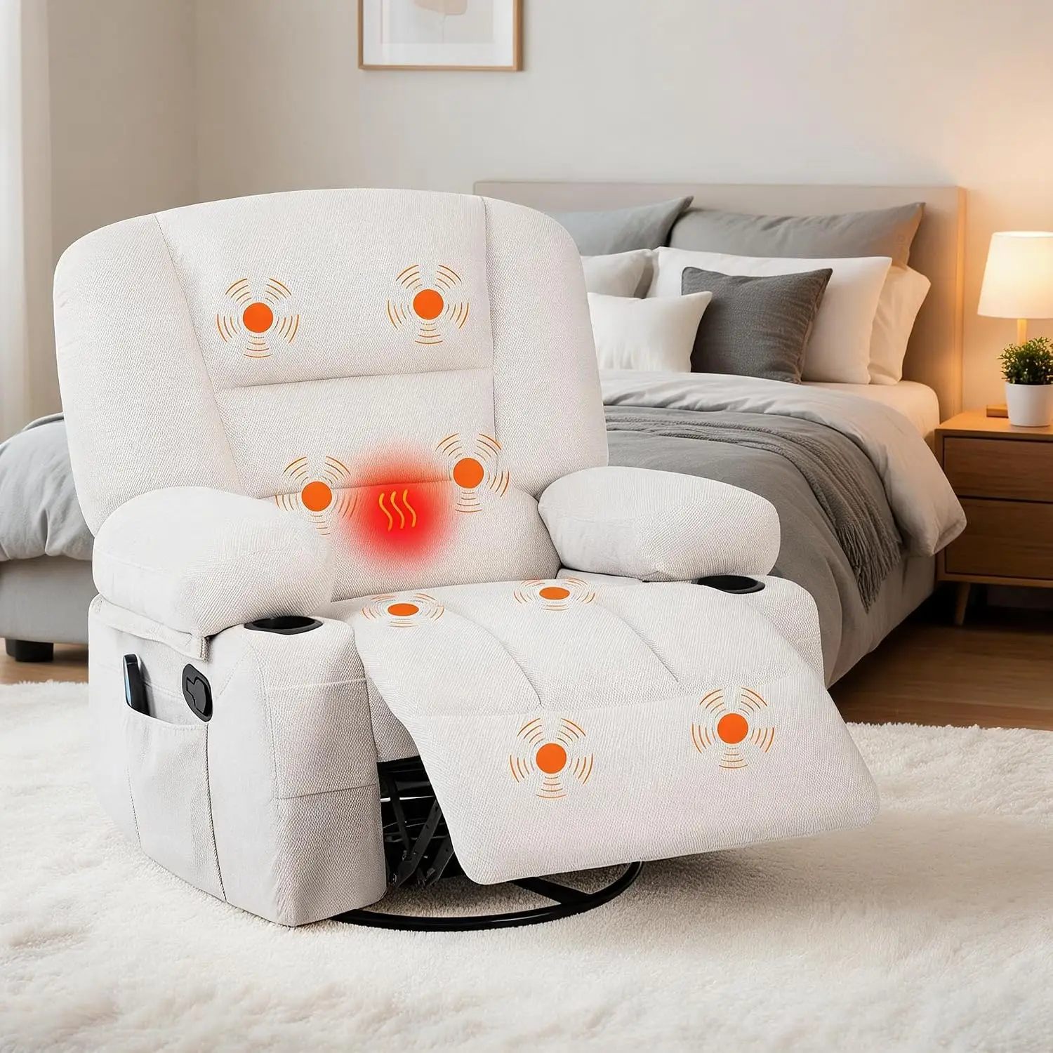 Oversized Recliner Chair, Massage Rocker, 360 Swivel, Heat, USB 350 LB Capacity, 8-Point Vibration, Lumbar Heat, 145° Recline, 2 Cup Holders, USB Port, Side Pocket And Retractable Footrest