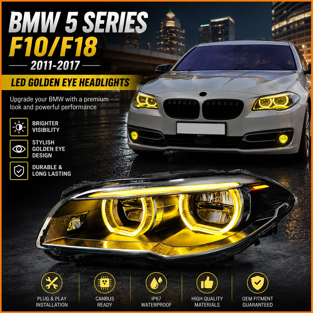 For BMW 5 Series F10 F11 F18 2011-2017 LED Headlight Upgrade Golden Eye Dual Color Angel Eye Smoked Black Projector Headlamp