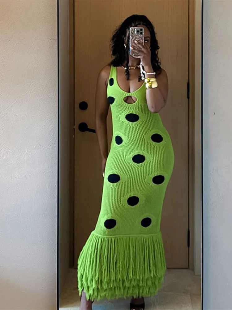 

Polka Dot Tassels Knitted Sling Dresses Backless Sleeveless Patchwork Tassels Slim Split Hollow Out Maxi Robe Female Party Gown