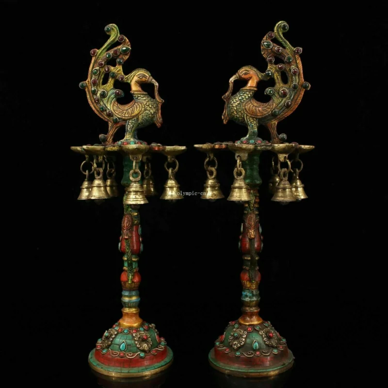 

Pair 17 ''Tibet bronze silver turquoise coral gem Phoenix oil lamp candlestick