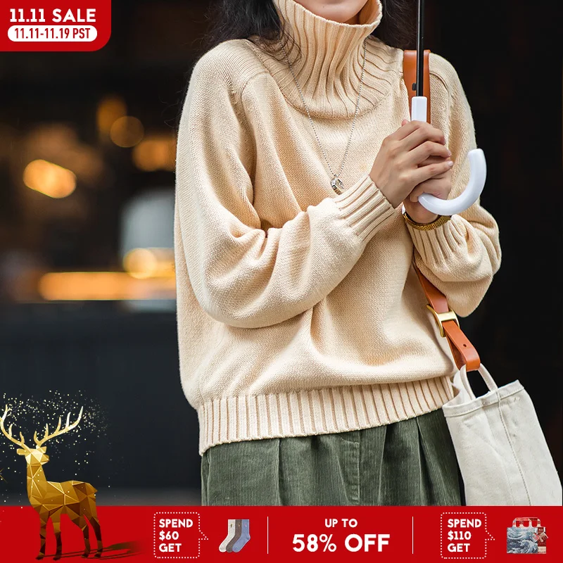 

Maden Turtleneck Thickened Sweater for Women Fall and Winter Warm Beige Knitted Top Woven Wheat Texture Loose Basic Sweater
