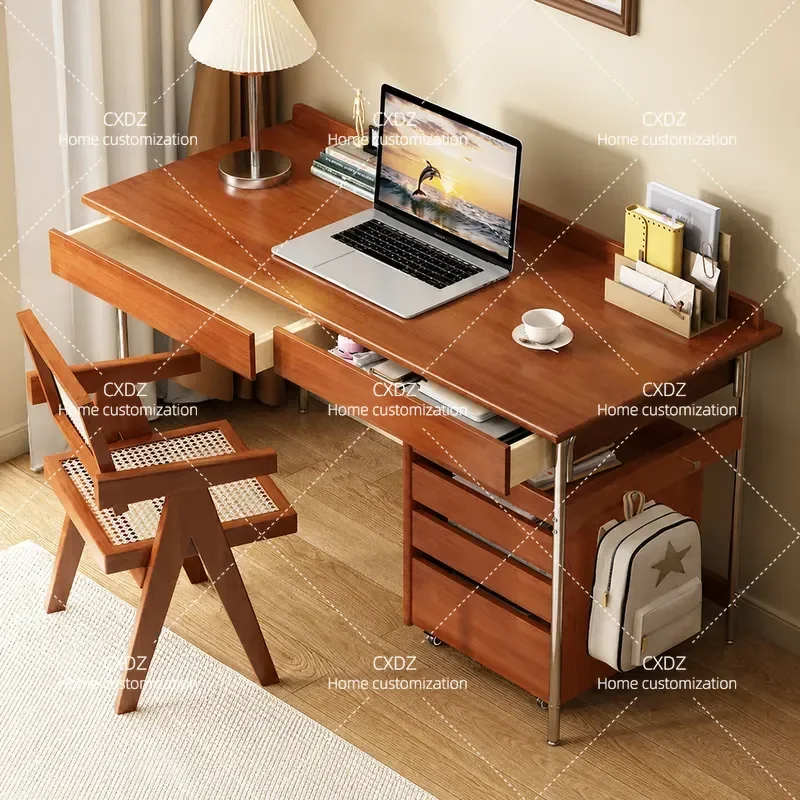 Medieval Style Solid Wood Desk with Storage for Living Room Bedroom Office Small Apartment Writing Computer Table