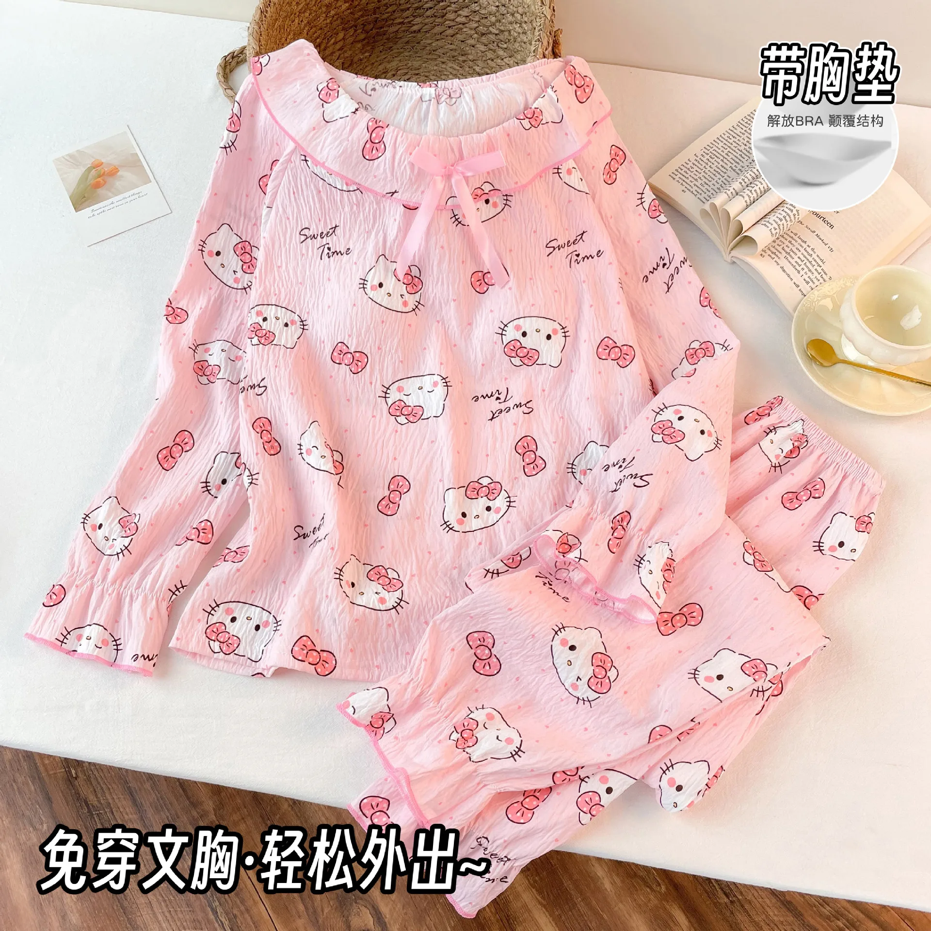 

Kawaii Anime Cartoon Hello Kitty Cinnamoroll Girls Pajama Set Parent-Child Lace Collar Long Sleeves Tops Pants Pijamas Homewear