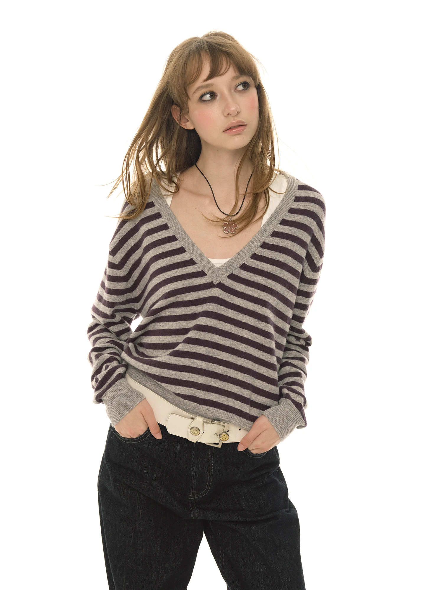 

Женский длинный вязаный свитер UNRETRO с V-образным вырезом, в полоску, из смесовой шерсти, приталенный, винтажный, модный топ на весну-осень