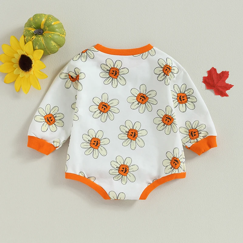 0-18Months Baby Girls Fall Romper Long Sleeve Crew Neck Flower Pumpkin Print Bodysuit Newborn Halloween Costume