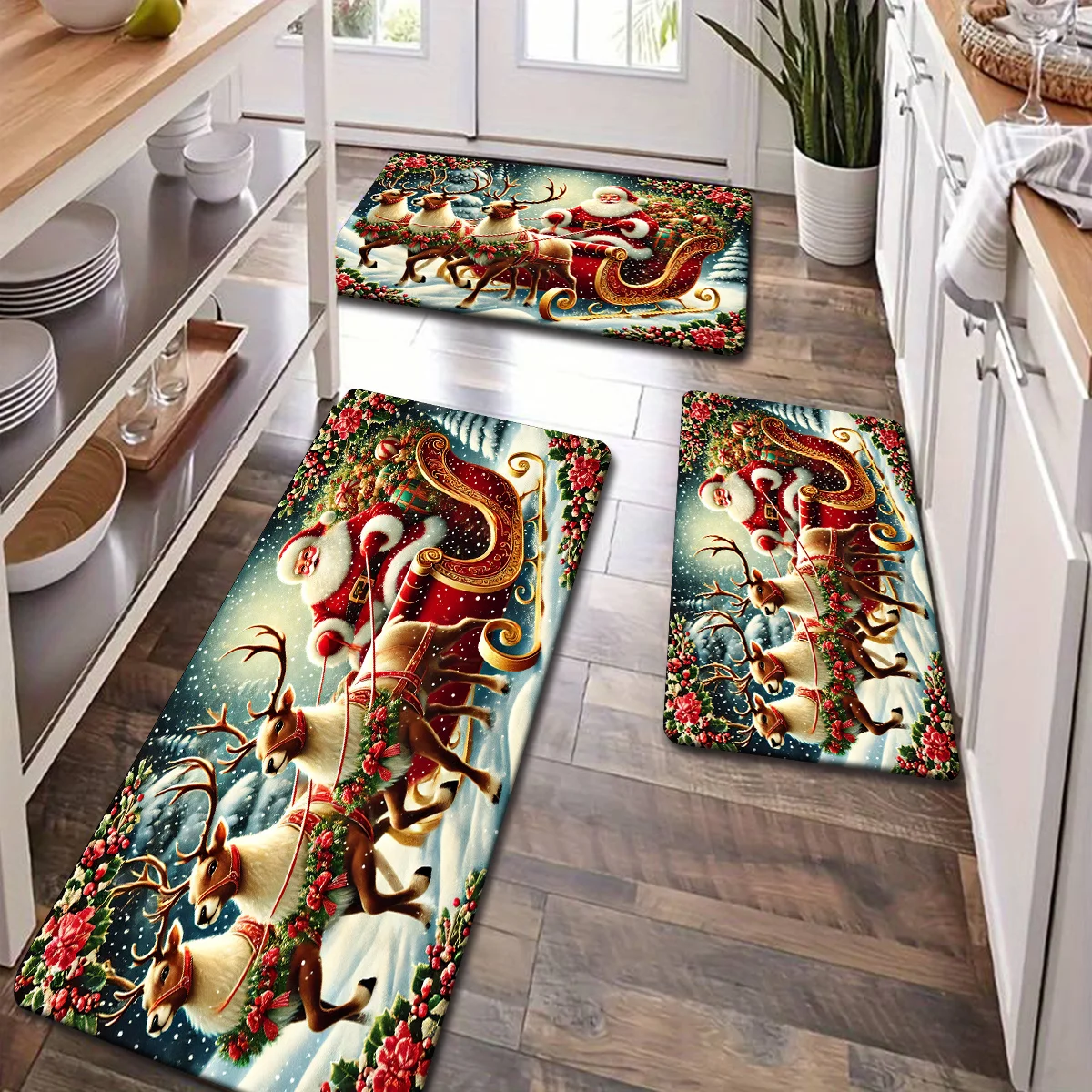 Christmas Kitchen Rugs Set Snowman Santa Xmas Print Non Slip Mat 1/2/3Pcs Options Washable Holiday Home Floor Decor