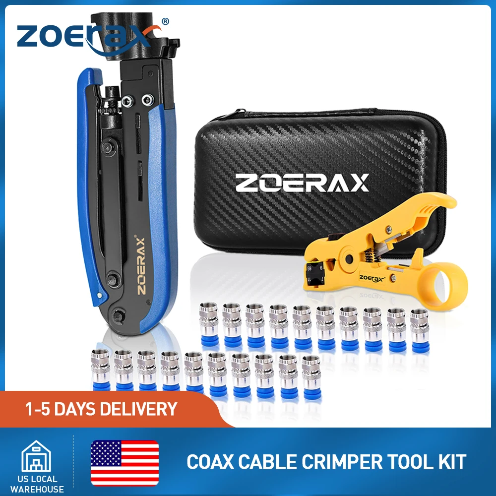 

Инструмент для сжатия ZoeRax RG6, комплект для обжима коаксиального кабеля RG6 RG11 RG59 F81 с 20 шт. компрессионными разъемами F, инструмент для зачистки проводов