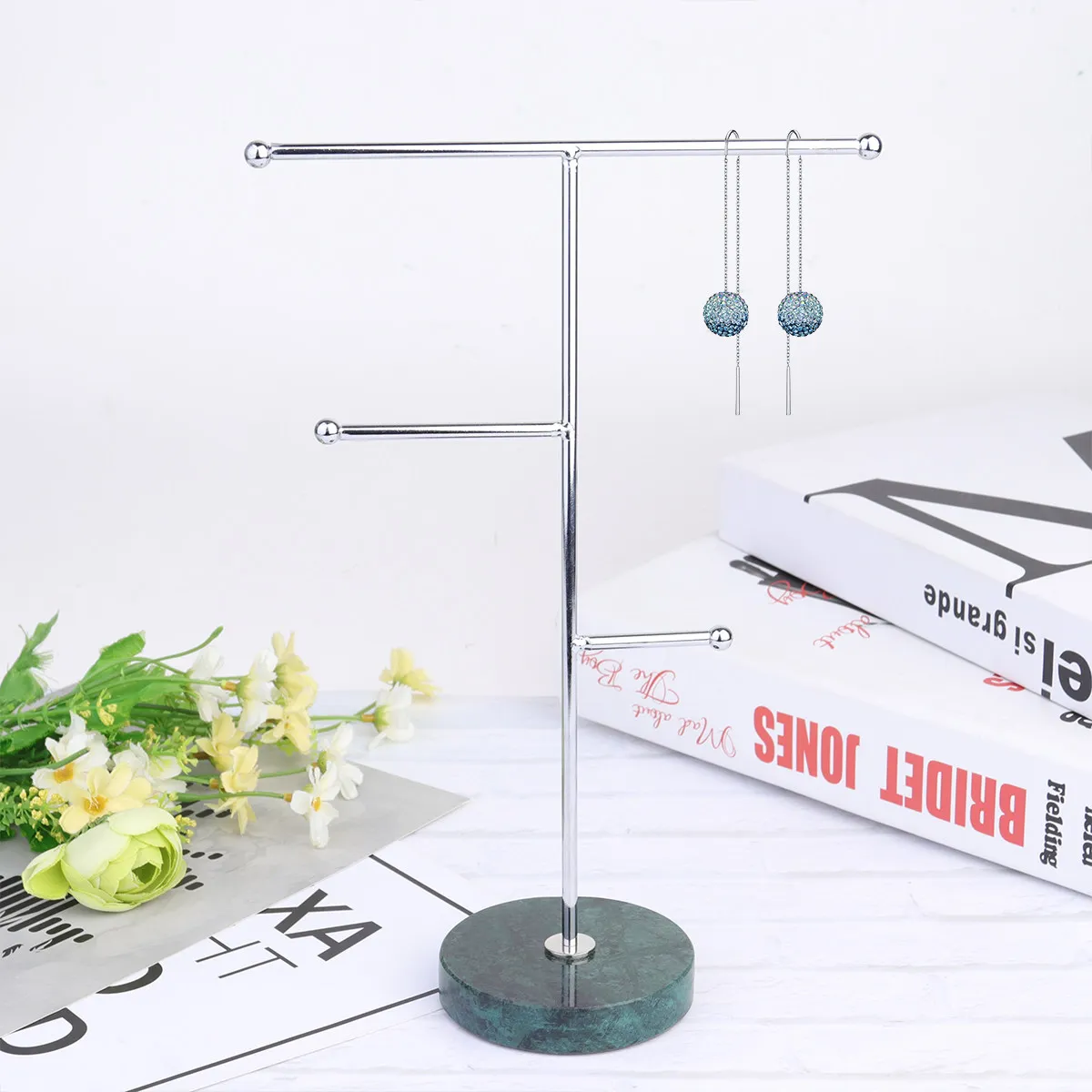 

Стильная зеленая подставка для украшений с мраморным основанием и Т-образной железной полкой для хранения и демонстрации серег, колец, ожерелий, для домашнего декора