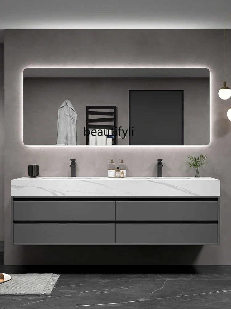 Modern Simple Stone Plate Integrated Bathroom Cabinet Combination Light Luxury Seamless Ceramic Wash Double Basin