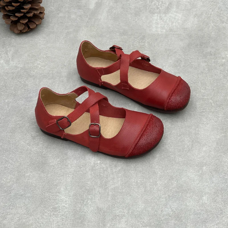 Women Original Handmade Genuine Cow Leather Belt Buckle Flat Shoes Retro Round Toe Cross Strap Mary Janes Casual Comfort Pumps view 3