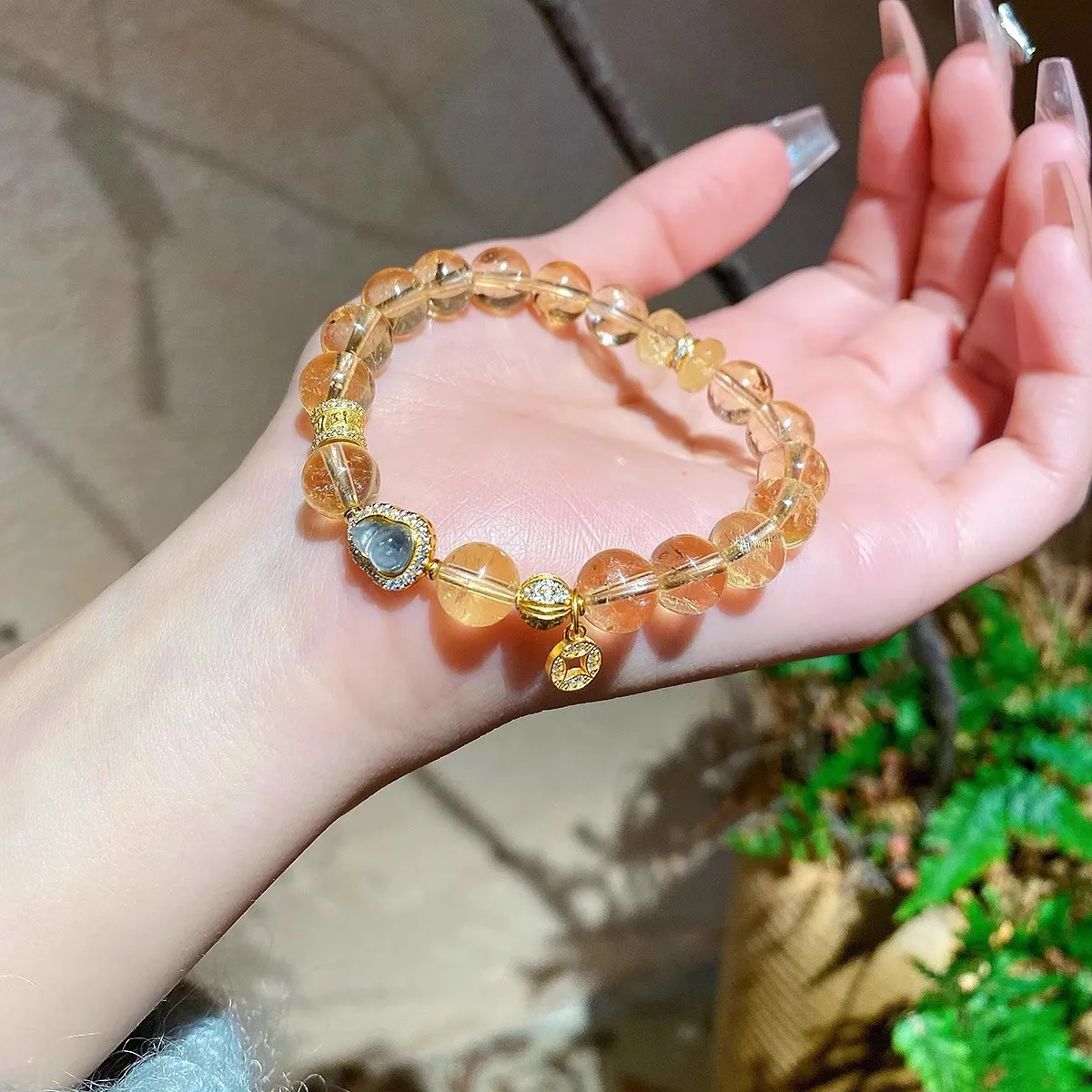 10mm Natural Citrine & Jadeite Calabash Beaded Bracelet, Women Fashion Wrist Jewelry, Versatile Daily Wear Gift