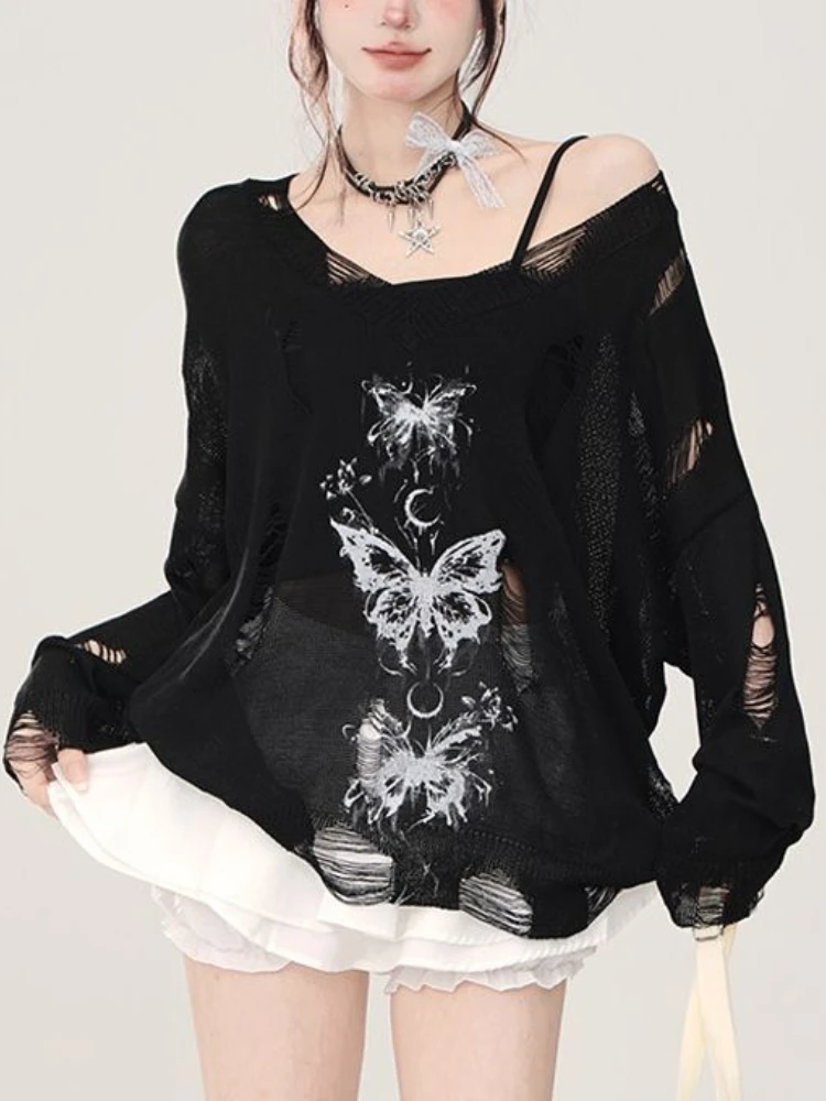 QWEEK Y2k Coquette Butterfly Print Sweater Gothic Goth Grunge Harajuku Hollow Out Knitted Knit Pullovers Balck Punk 2024 Autumn