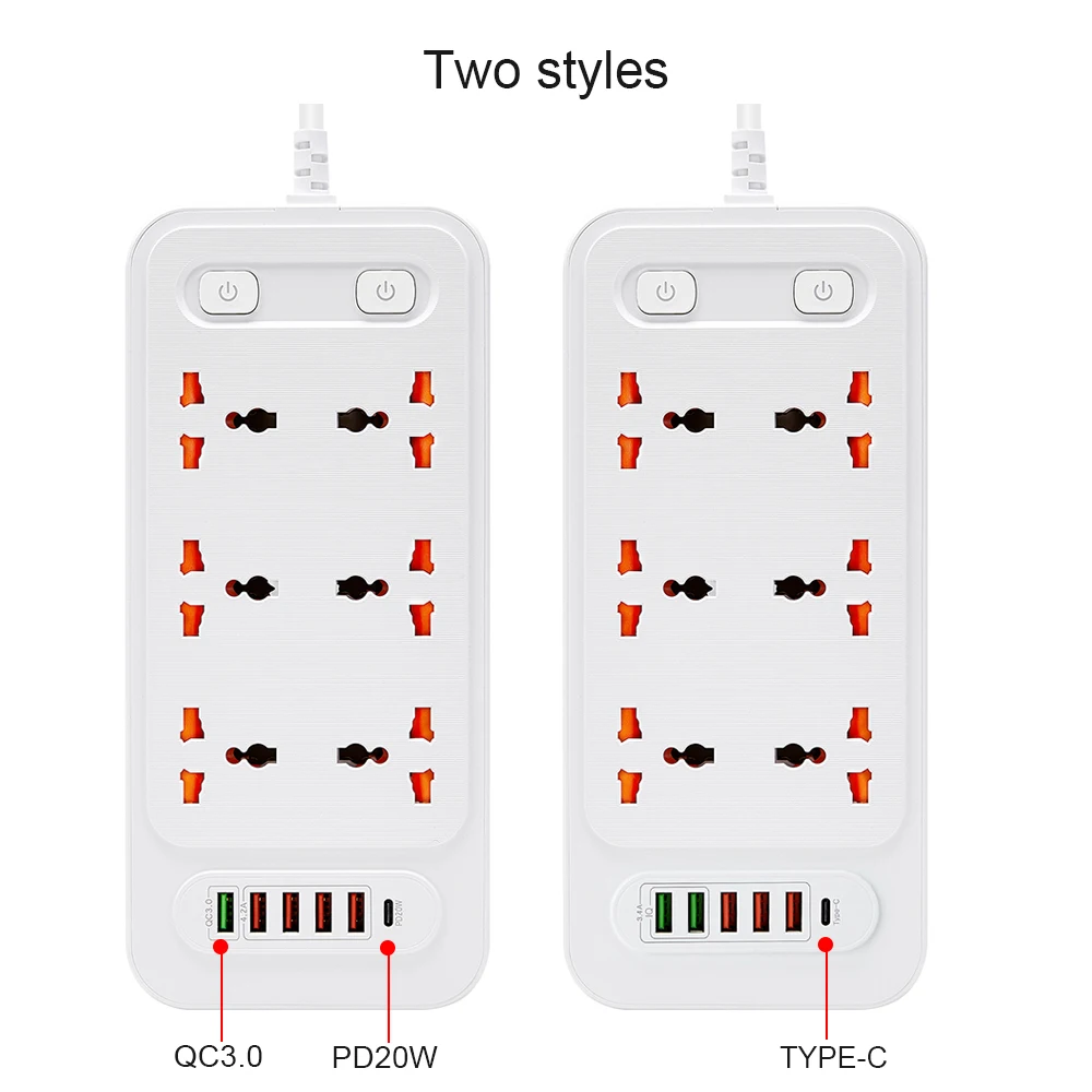 

EU Plug Power Strip Universal Electrical Socket PD20W 6AC Outlets 2M Extension Cable Surge Protector Fast Charger Network Filter