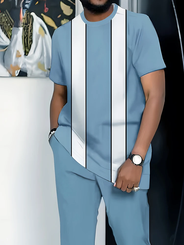 2025 New Summer Men's Suit Striped Printed Short Sleeve Sports Suit Casual Fashion Oversized T Shirt Long Pants 2 Pcs