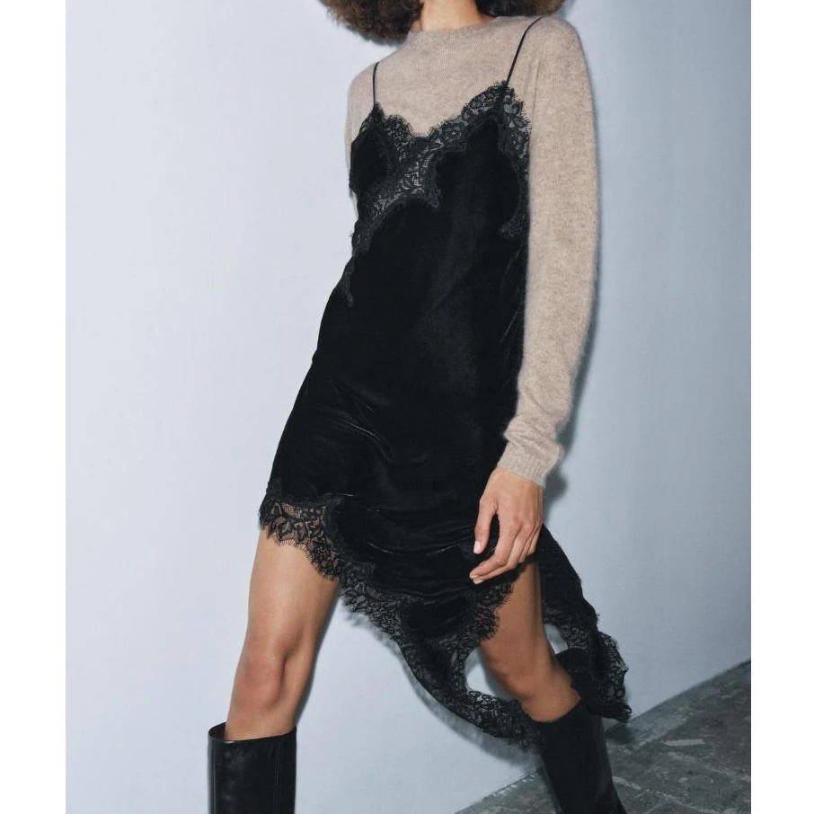 Luksusowa damska sukienka z aksamitu, patchworkowa, na ramiączkach spaghetti, z dekoltem w serek, odkrytymi plecami, koronkowym wykończeniem i rozcięciem, sukienka midi, odzież klubowa.