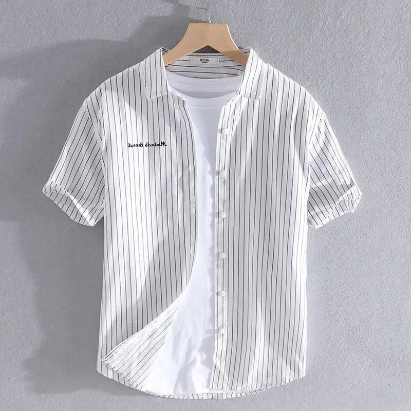

Japanese Style Linen Shirt Men's Short Sleeve Breathable Versatile Striped Shirt Lightweight Half Sleeve Top for Summer