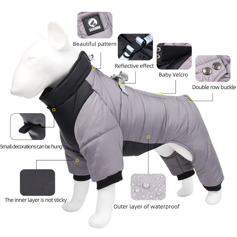 Winter Warm Dog Jacket Reflective Four Legged Clothes Outdoor Waterproof and Windproof Traction Harness Jumpsuit Chihuahua Coat