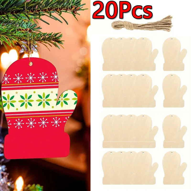 

20Pcs DIY Cartoon Wooden Blank Gloves And Ropes Christmas Decorations Multi Wrought Wooden Drop Ornaments Festival Accessories