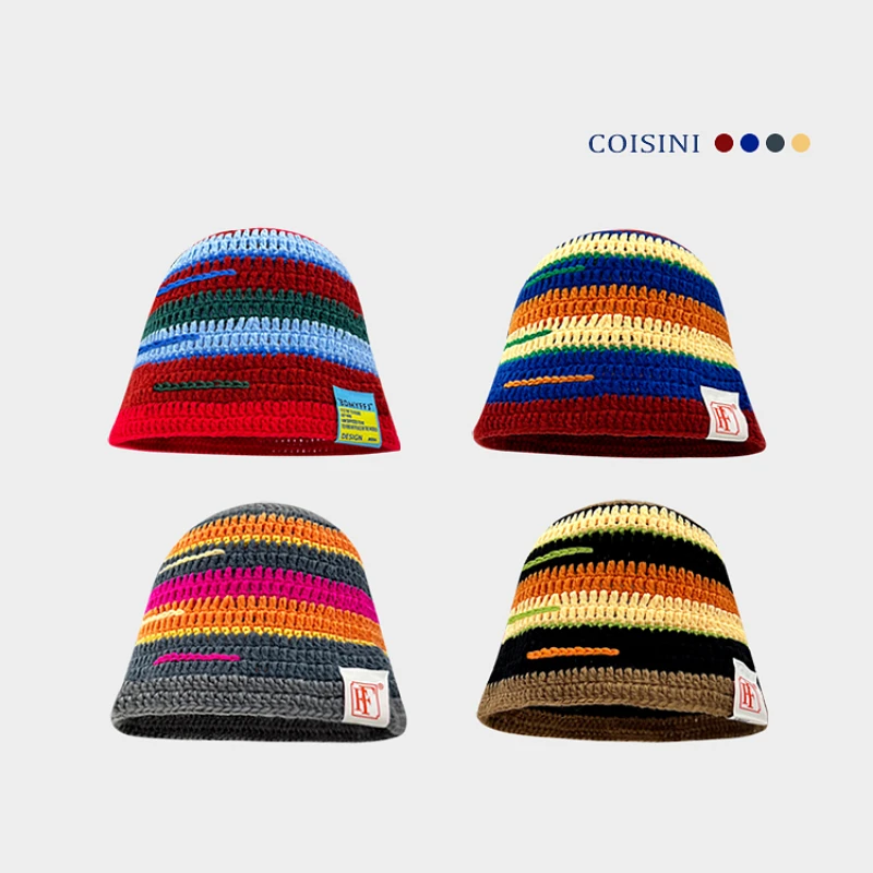 

Japanese Color Contrasting Striped Knitted Basin Hat Women's Spring and Autumn Casual Versatile Sticker Label Design Bucket Cap