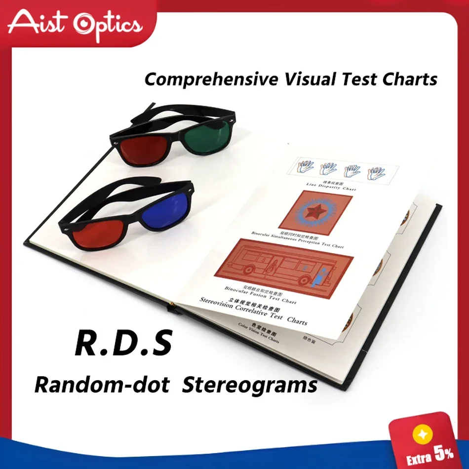 AIST Random-dot Stereograms Comprehensive Visual Test Charts Book Color Blindness Astigmatism Amsler Test Chart with Eyeglasses