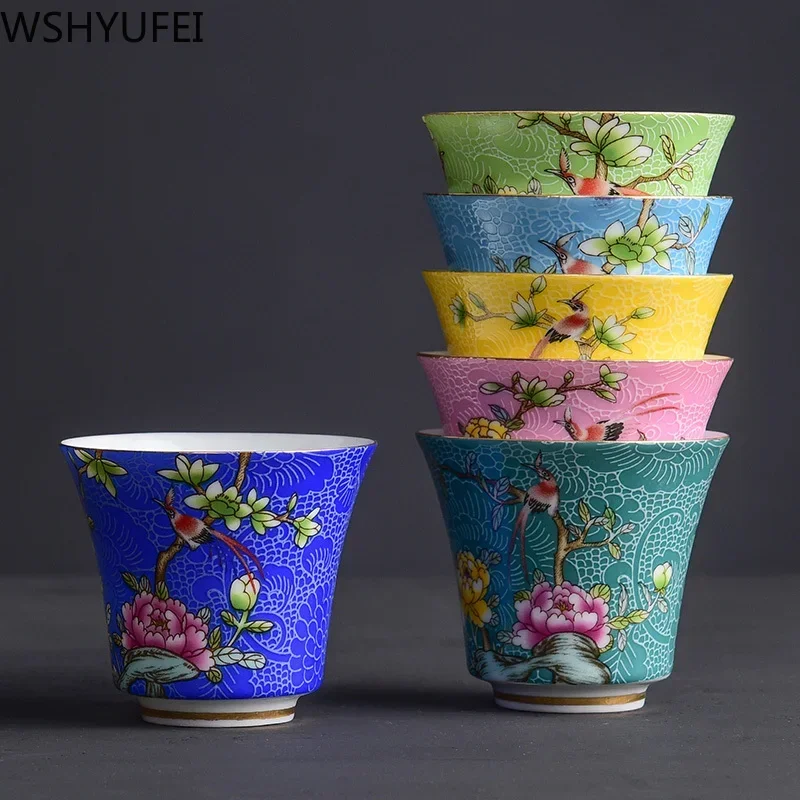 4 Pcs/set Jingdezhen Exquisite Ceramic Teacup Hand Painted Flowers and Birds Enamel Tea Set Travel Portable Tea Bowl Master Cup