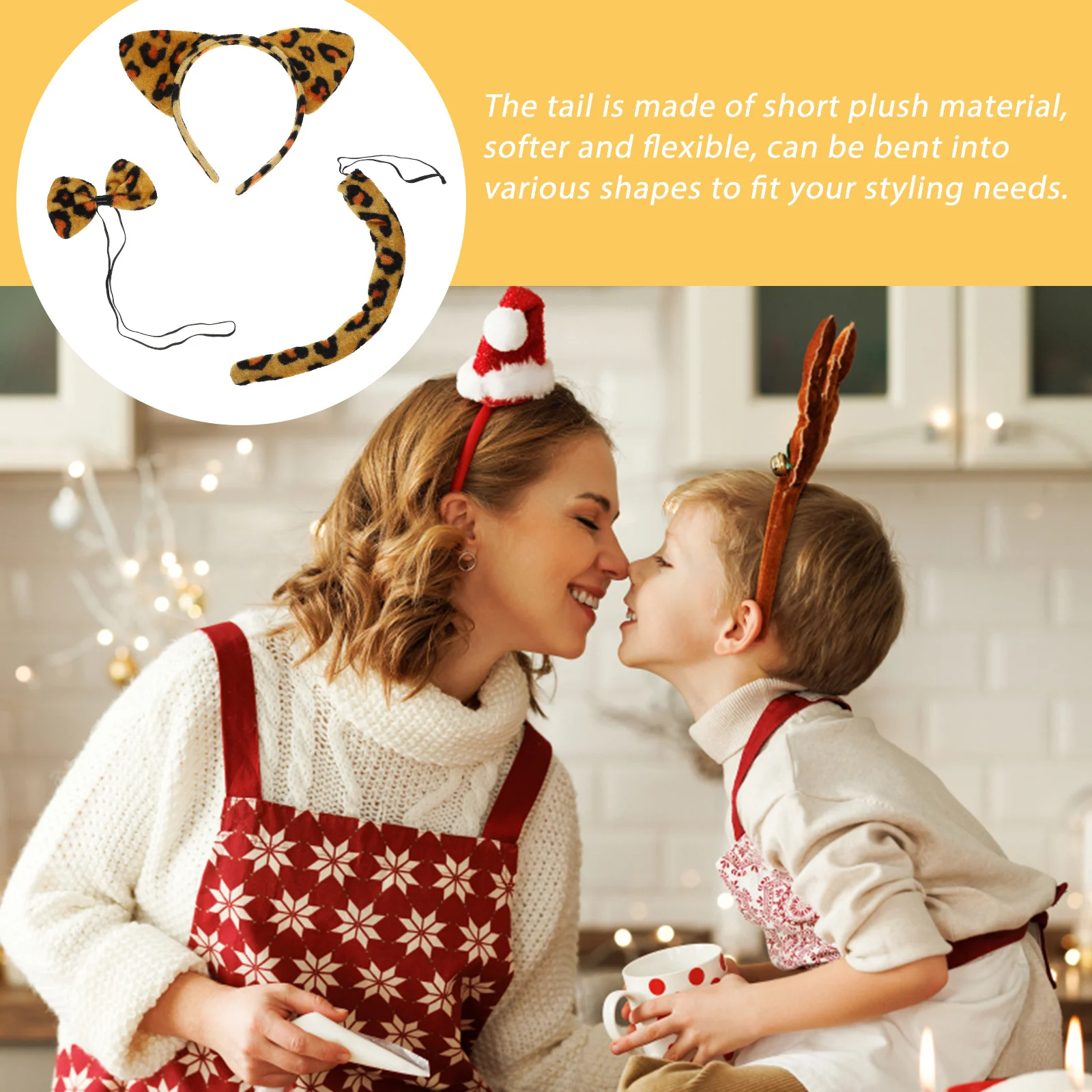 3Sets Leopard Headband Tail Bow Tie Cosplay Accessories Soft Comfortable Stage Performance Halloween Christmas Costume