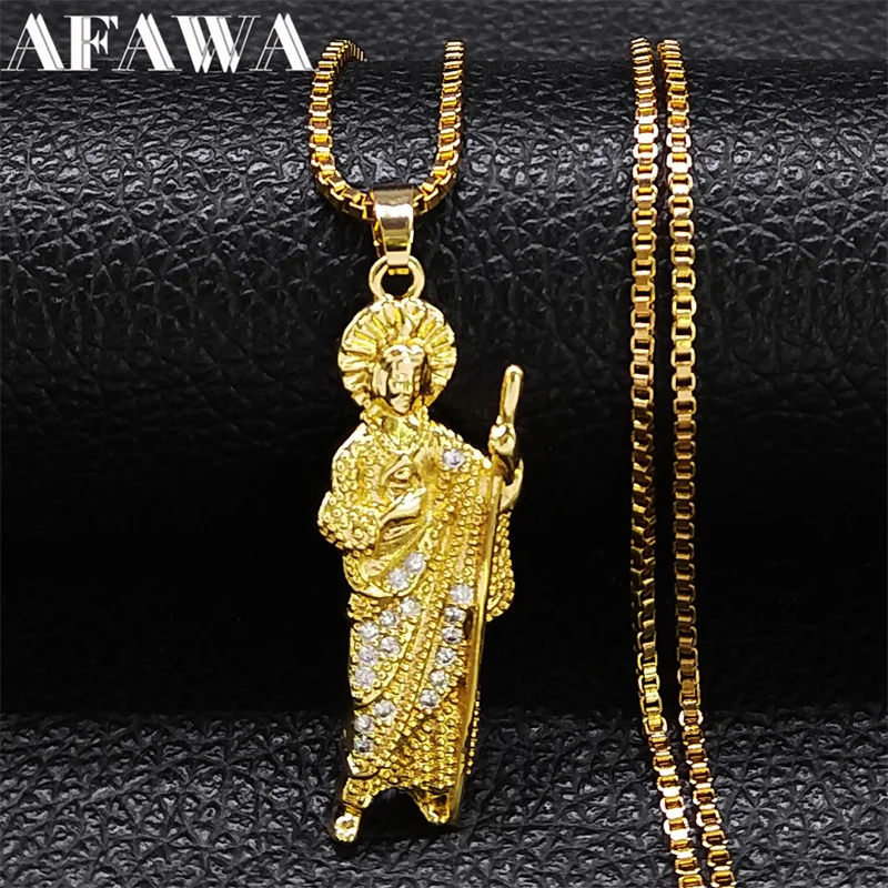 San Judas Tadeo Zircon Copper Pendant Necklace for Women Men Stainless Steel Chain Saints Apostle of Jesus Necklace Jewelry Gift