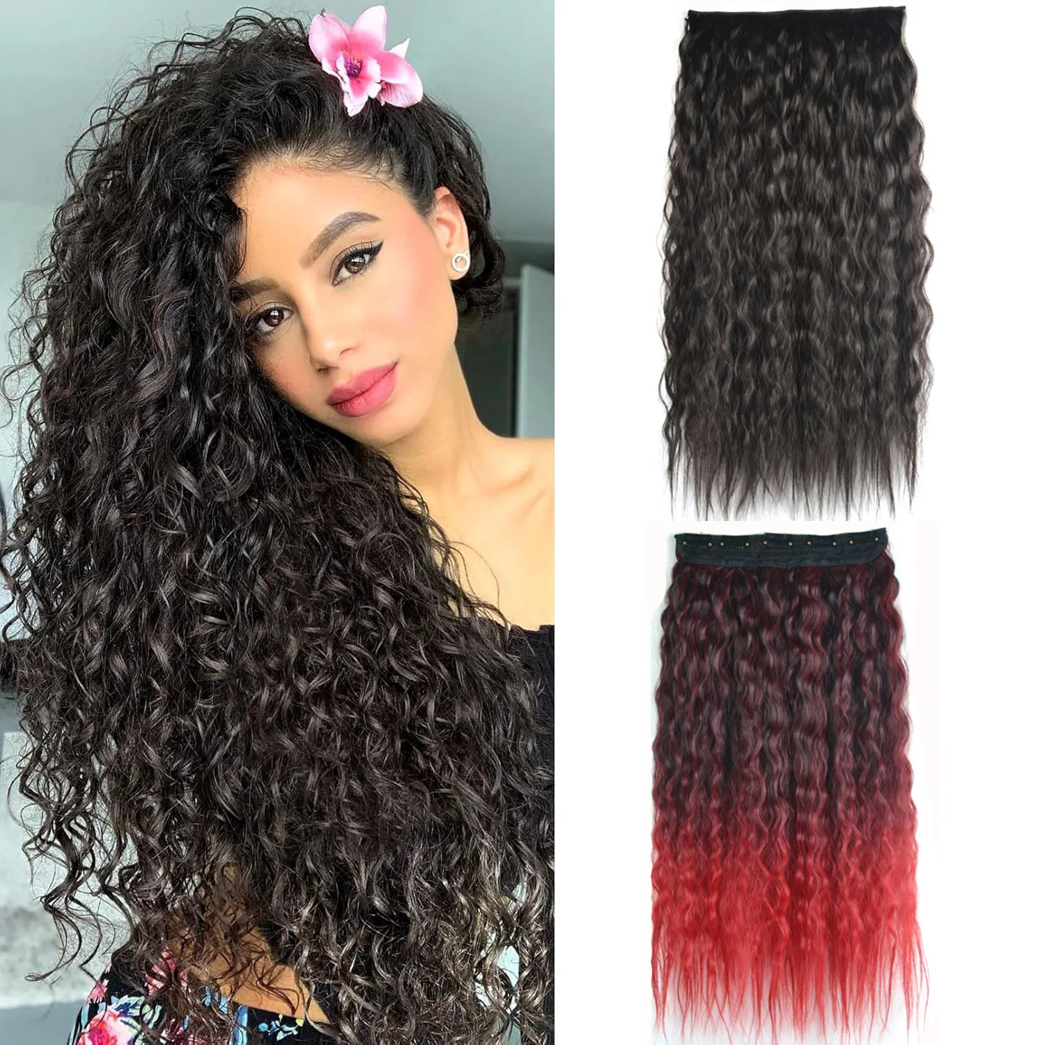 

One Piece Clip in Hair Extensions 24 inch 120g Thick Full Head Fast Install Corn Wave Wavy Curly Synthetic Hairpiece for Women