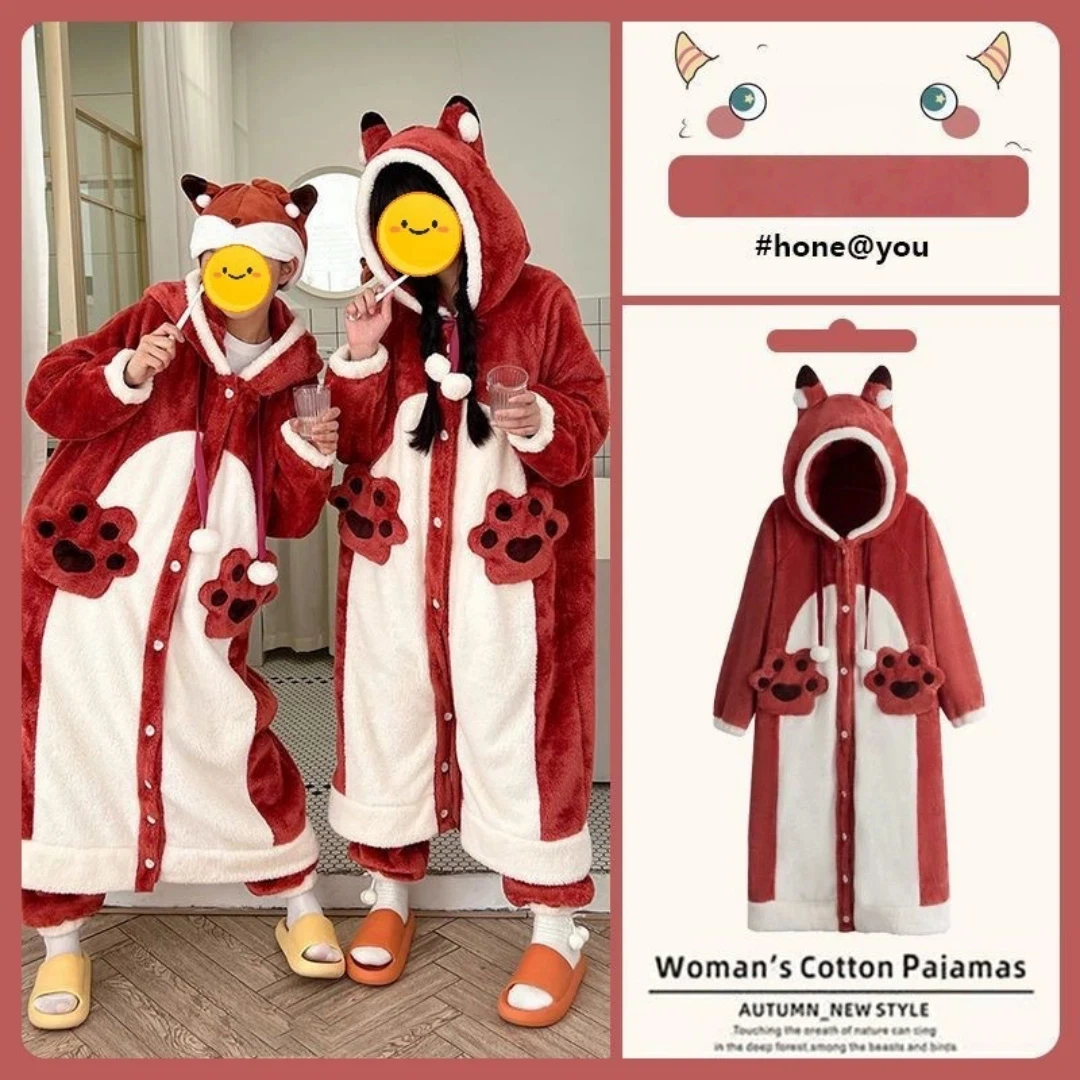 

Милые пижамы с красной лисой, зимняя домашняя одежда с рисунком животных, лиса, цельная ночная рубашка, халат из кораллового флиса, рождественские подарки для женщин