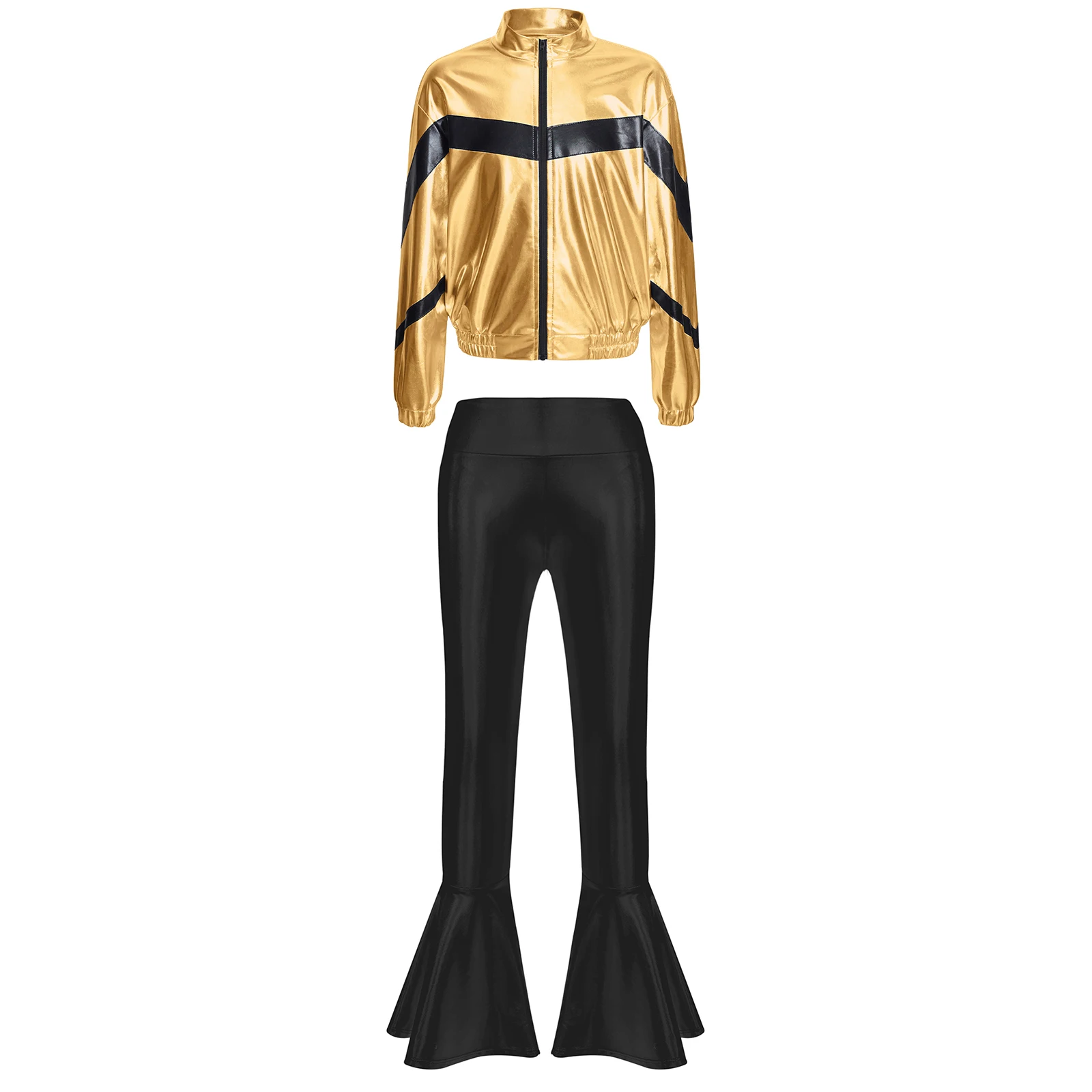 

Kids Girls Hip-Hop Dance Costumes Fashion Streetwear Long Sleeve Turn-Down Collar Metallic Jacket Coat Outwear+Flare Pants Sets